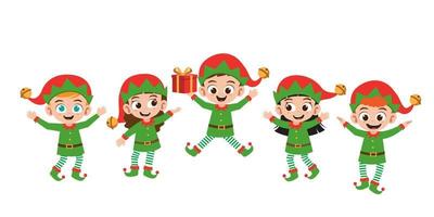 gelukkig kinderen jongen en meisje glimlach vervelend elf Kerstmis kostuum vector illustratie reeks