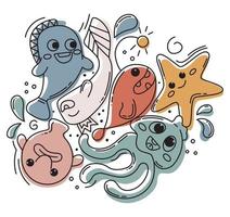 hand getekend reeks van gekleurde vis krabbels. kinderen hipster abstract doodles met grappig schepsels. vis, kwallen, zeester, klodder vis. kawaii kleurrijk vector illustraties geïsoleerd Aan wit.