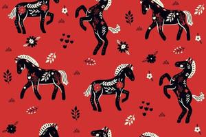 naadloos patroon met paarden met bloemen ornament Aan een rood achtergrond. vector grafiek.