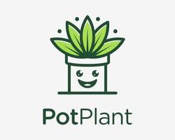 fabriek pot schattig mascotte ingemaakt blad decoratie kamerplant gelukkig gezicht tekenfilm vector logo ontwerp