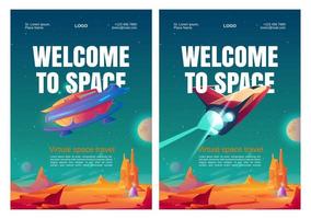 virtueel ruimte reizen posters met ruimtevaartuig vector
