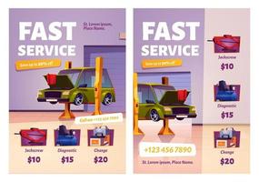 auto reparatie snel onderhoud tekenfilm advertentie affiches, garage vector