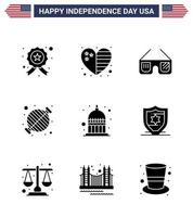 9 Verenigde Staten van Amerika solide glyph tekens onafhankelijkheid dag viering symbolen van Indiana rooster zonnebril bbq voedsel bewerkbare Verenigde Staten van Amerika dag vector ontwerp elementen