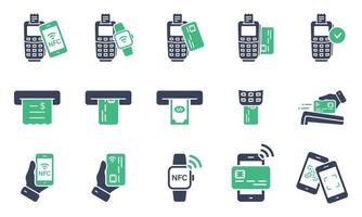 nfc zonder contant geld draadloze betaling technologie glyph pictogram. Geldautomaat geld terugtrekken icoon. betalen transactie door mobiel telefoon, slim horloge, credit kaart Aan pos silhouet icoon set. geïsoleerd vector illustratie.