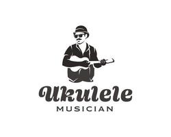 Mens met snor en bril spelen klein gitaar logo. ukulele musicus logo ontwerp sjabloon vector