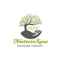 natuur spa massage behandeling logo. boom en hand- zorg spa ontwerp sjabloon vector