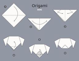 zelfstudie hond origami regeling. geïsoleerd origami elementen Aan grijs achtergrond. origami voor kinderen. stap door stap hoe naar maken origami pup. vector illustratie.