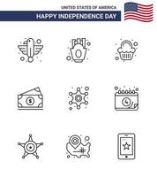 gelukkig onafhankelijkheid dag 4e juli reeks van 9 lijnen Amerikaans pictogram van mannen Amerikaan voedsel geld viering bewerkbare Verenigde Staten van Amerika dag vector ontwerp elementen