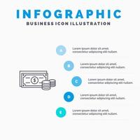 dollar munten financiën geld bedrijf lijn icoon met 5 stappen presentatie infographics achtergrond vector