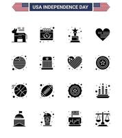 gelukkig onafhankelijkheid dag 4e juli reeks van 16 solide glyphs Amerikaans pictogram van Internationale vlag land prestatie vlag liefde bewerkbare Verenigde Staten van Amerika dag vector ontwerp elementen