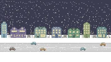 panoramisch visie van de straat met huizen Bij nacht in winter. illustratie met gebouwen en stedelijk details. mensen huizen en een koffie winkel en een bakkerij tussen hen met sneeuwvlokken. vector