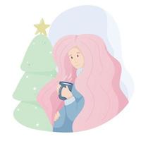 vector schattig tekening illustratie. zwanger jong vrouw in teder blauw en roze kleuren, winter atmosfeer, kerstmis. comfort, een mok van heet koffie of thee en een Kerstmis boom met decoraties.