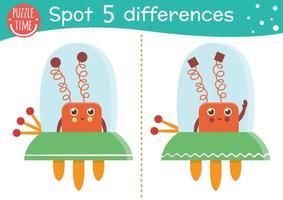 ruimte vind verschillen spel voor kinderen. astronomie leerzaam werkzaamheid met grappig buitenaards wezen in ruimte schip. afdrukbare werkblad met buitenaards en sterren. schattig ufo puzzel voor kinderen vector