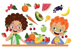 schattig kinderen aan het eten geassorteerd fruit vector