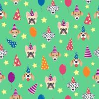 gelukkig verjaardag naadloos patroon met tekenfilm honden van de dalmatiër, buldog, terriër ras. verjaardag geschenken, ballonnen vector