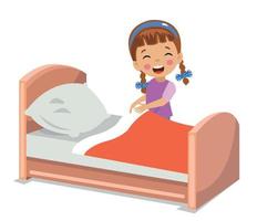 schattig jongen maken zijn bed vector