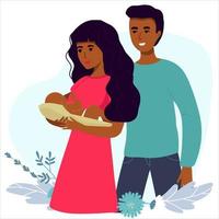 afro Amerikaans reeks van illustraties over zwangerschap en moederschap. zwanger vrouw met buik met pa. dame met een pasgeboren baby. vlak voorraad vector illustratie.