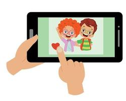 video conferentie. schattig weinig kind gebruik makend van tablet voor video telefoontje met vriend. kinderen gelukkig glimlach gebruik makend van internet technologie voor praten. meisje gezicht Aan scherm. vector tekenfilm illustratie voor telefoontje