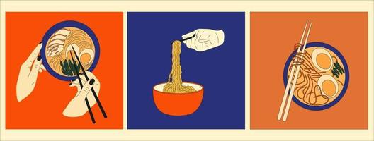 reeks van drie kom noedels en eetstokjes. ramen. Aziatisch voedsel. Chinese, koreaans, Japans keuken. hand- getrokken vector illustratie.