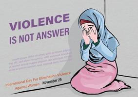Dames slijtage khimar huilen en zittend in de hoek van de kamer met formulering over Internationale dag voor de eliminatie van geweld tegen vrouwen campagne en voorbeeld teksten. vector