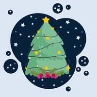 kerstboom met verlichting, sterren en holly berry decoratie vector