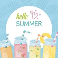 hallo zomer met sappen en fruitcocktailsamenstelling vector