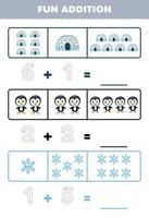 onderwijs spel voor kinderen pret toevoeging door tellen en traceren de aantal van schattig tekenfilm iglo pinguïn sneeuwvlok afdrukbare winter werkblad vector