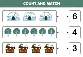 onderwijs spel voor kinderen tellen de aantal van schattig tekenfilm iglo boom huis en bij elkaar passen met de Rechtsaf getallen afdrukbare winter werkblad vector