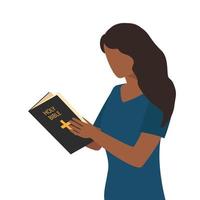 een Afrikaanse Amerikaans vrouw is lezing een heilig Bijbel. Latijns meisje lezing een boek. vector illustratie.