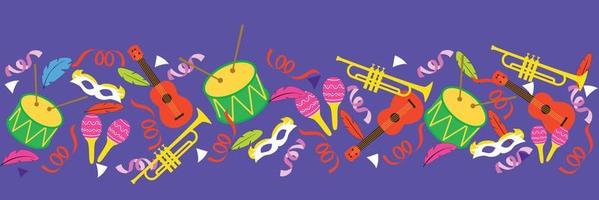 carnaval achtergrond met ukelele, trommel, trompet, masker, veren, maracas en serpentijn. vector illustratie.