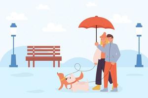 maand van hond wandelen. een vrouw en een Mens wandelen een hond in winter in de sneeuw of regen. vector