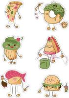 voedsel tekens stickers set. een klein reeks met schattig karakters. tekenfilm tekening illustratie. vector