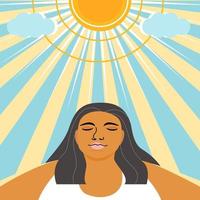 een bruinen vrouw onder de zonlicht voor krijgen meer vitamine d van de zon, gezond leven concept. vlak vector illustratie.