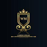 wm brief eerste met Koninklijk sjabloon.elegant met kroon logo vector, creatief belettering logo vector illustratie.