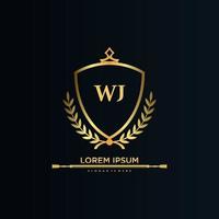 wj brief eerste met Koninklijk sjabloon.elegant met kroon logo vector, creatief belettering logo vector illustratie.