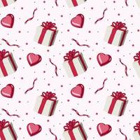 Valentijn s dag is een naadloos patroon met cadeaus en harten. patroon voor omhulsel papier, ansichtkaarten, textiel, achtergronden, stoffen, enz. tekenfilm stijl, vector illustratie.