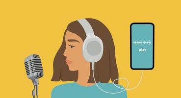 podcast app Aan smartphone, podcaster spreekt in microfoon of audioboek. radio dj, bloggen. een meisje leest de nieuws, spreekt in een microfoon een online tonen vector