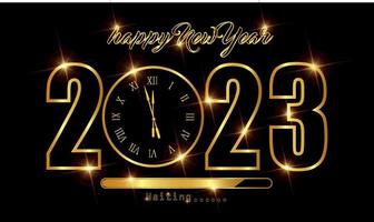 gelukkig nieuw jaar 2023. goud gekleurde aantal met schijnend lint en ster decoratie vector