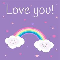 ansichtkaart, banier, knop, achtergrond voor Valentijnsdag dag met regenboog en gelukkig glimlachen wolken en tekst liefde u Aan een paars achtergrond met harten vector