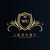 wu brief eerste met Koninklijk sjabloon.elegant met kroon logo vector, creatief belettering logo vector illustratie.