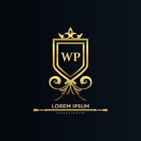 wp brief eerste met Koninklijk sjabloon.elegant met kroon logo vector, creatief belettering logo vector illustratie.