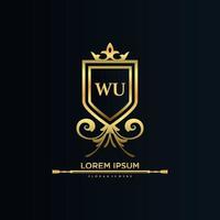 wu brief eerste met Koninklijk sjabloon.elegant met kroon logo vector, creatief belettering logo vector illustratie.