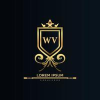 wv brief eerste met Koninklijk sjabloon.elegant met kroon logo vector, creatief belettering logo vector illustratie.