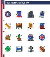 gelukkig onafhankelijkheid dag 4e juli reeks van 16 vlak gevulde lijnen Amerikaans pictogram van hotdog vloeistof gebouw heup drinken bewerkbare Verenigde Staten van Amerika dag vector ontwerp elementen