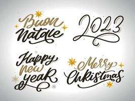vrolijk Kerstmis reeks 2023 gelukkig nieuw jaar, typografie belettering insigne emblemen citaten reeks verzameling. vector logo ontwerp voor ansichtkaart, uitnodiging, groet kaart, poster, geschenk.
