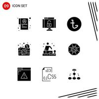 9 gebruiker koppel solide glyph pak van modern tekens en symbolen van ontspanning elektronisch valuta dslr digitaal bewerkbare vector ontwerp elementen