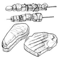 reeks van schetsen en hand- getrokken steak vlees en barbecue vector