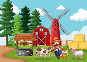 boer met dierenboerderij in boerderijscène in cartoon-stijl vector