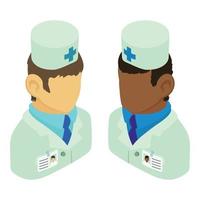 mannetje dokter icoon isometrische vector. twee Mens Gezondheid zorg arbeider in uniform icoon vector