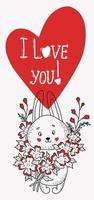 schattig konijn met groot boeket van bloemen, groot hart en tekst - ik liefde jij. verticaal vector illustratie in hand- getrokken doodles stijl. grappig dier voor ontwerp en decoratie, kaarten voor valentijnsdag dag